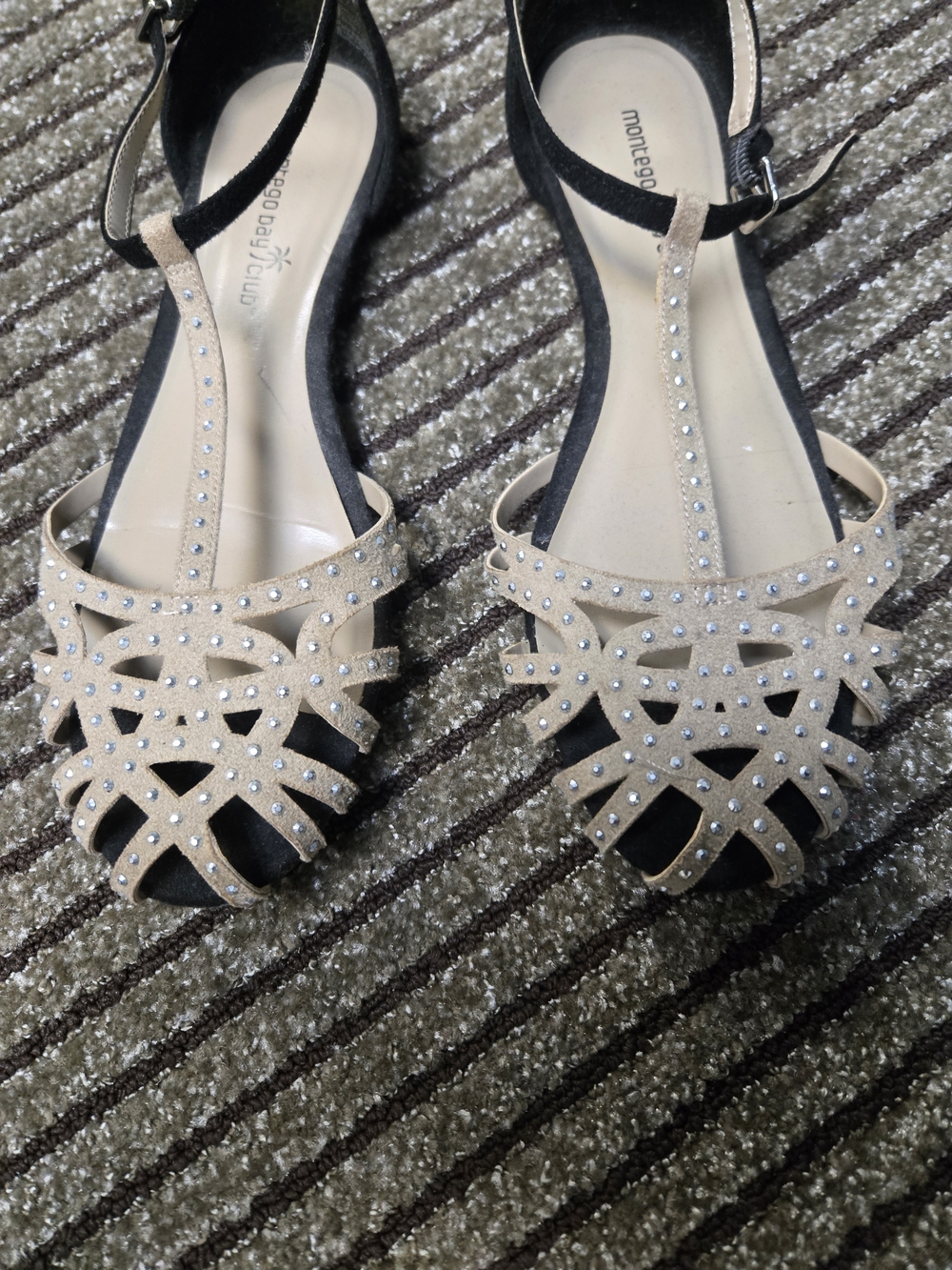 Montego Bay Club Women's Beige and Black Rhinestone T-Strap Sandals